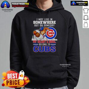 Alt Text: Chicago Cubs hoodie with the phrase 'My heart and soul belong to Chicago Cubs' perfect for game day.