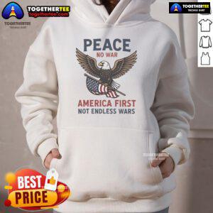 Premium No War Peace America First hoodie featuring a vibrant American flag design, perfect for patriotic fashion.