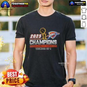 Alt Text: Premium Oklahoma City Thunder 2025 NBA Champions Thunder Up T-Shirt showcasing team pride and championship spirit.