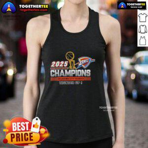Premium Oklahoma City Thunder 2025 NBA Champions tank top featuring vibrant team colors and bold 'Thunder Up' design.