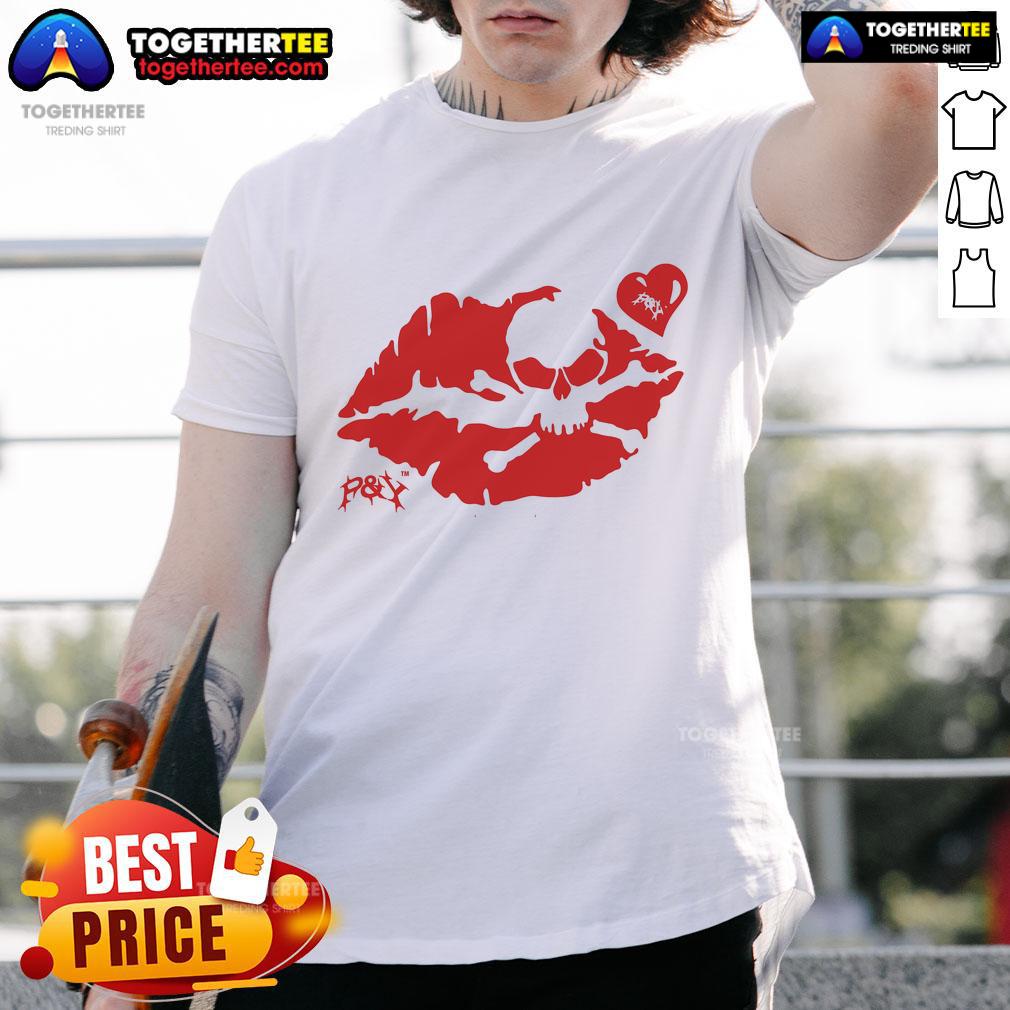 Alt Text: Premium P&Y Kiss Skull Heart T-Shirt featuring a stylish skull and heart graphic on a soft fabric background.