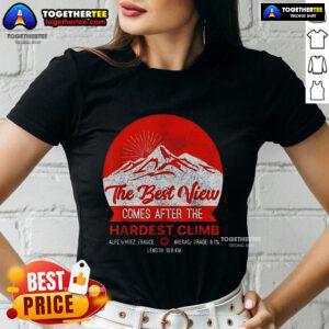 Premium ladies tee featuring 'The Best View Comes After The Hardest Climb' design, inspired by Alpe d'Huez, France.