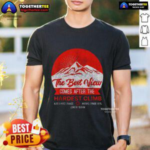 Premium 'The Best View Comes After The Hardest Climb' Alpe D'Huez T-Shirt featuring a scenic mountain design.