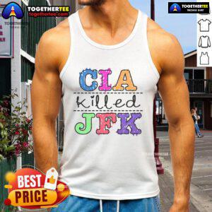 Stylish 'Pretty CIA Killed JFK' tank top featuring bold graphic design, perfect for conspiracy theory enthusiasts.