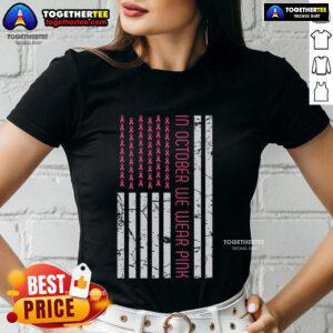 Pretty in October: Womens pink tee with America flag design for Breast Cancer Awareness month.