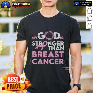 Pretty My God Is Stronger Than Breast Cancer T-Shirt design featuring inspirational text and a pink ribbon.