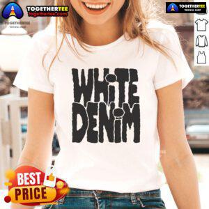 Pretty white denim logo ladies tee featuring a stylish design, perfect for casual wear and fashion enthusiasts.