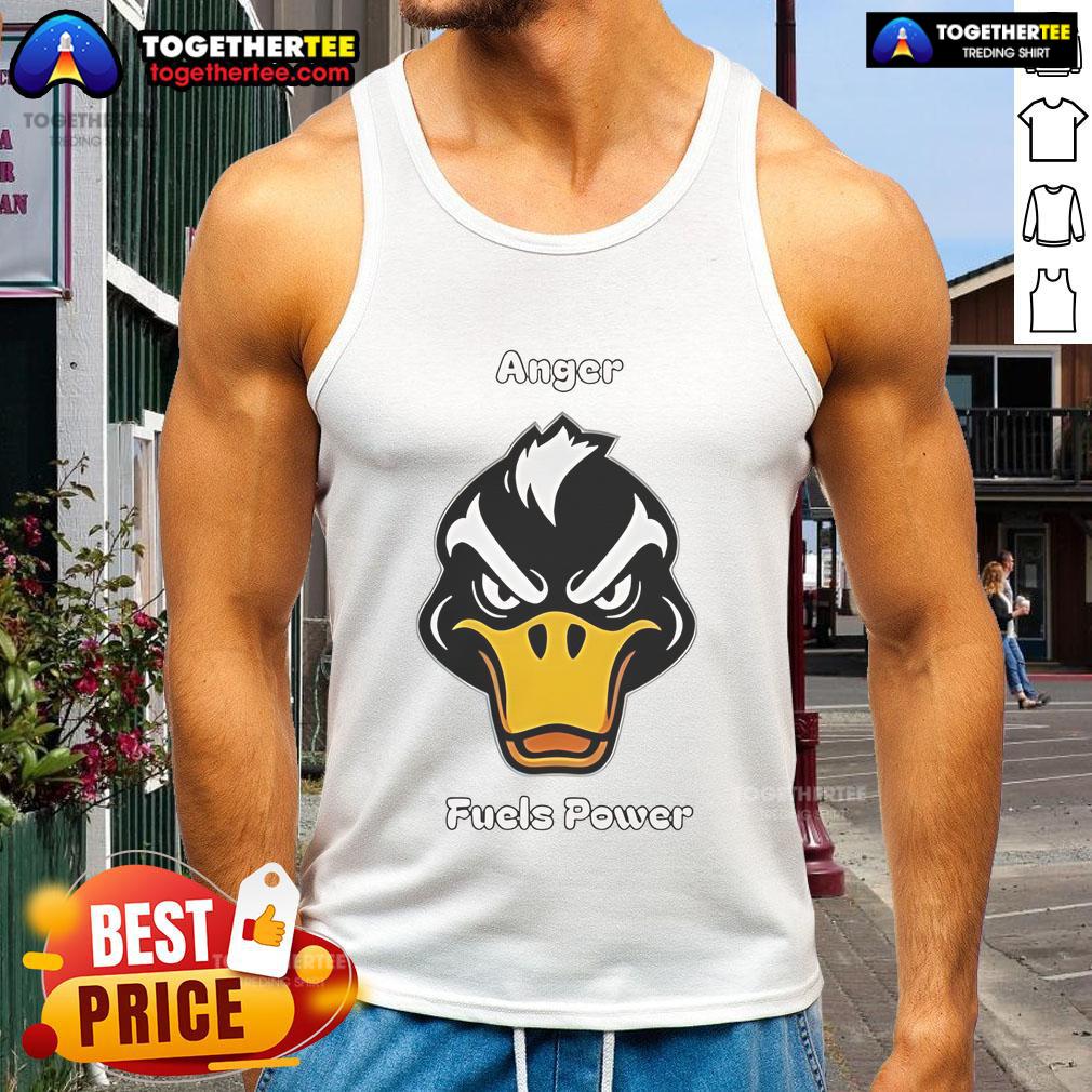 Top Angry Duck fuels power tank top featuring a cartoon duck with an intense expression, perfect for quirky fashion.