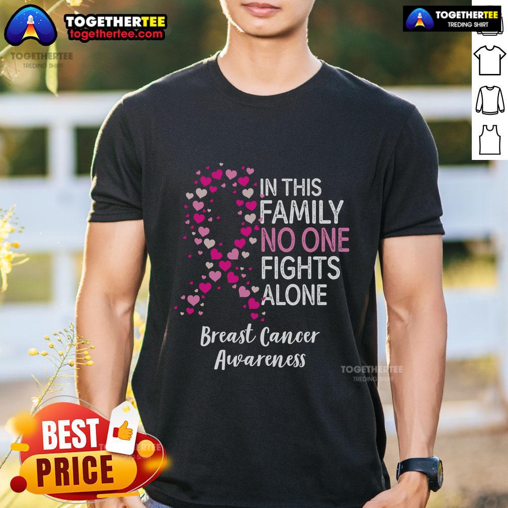 Top Breast Cancer Awareness heart ribbon t-shirt design: 'In This Family No One Fights Alone' promoting support and unity.