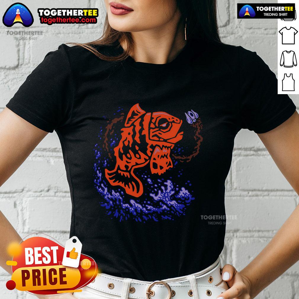 Top Fish Fear Me Ladies Tee featuring a playful fish graphic on a stylish women's shirt, perfect for fishing enthusiasts.