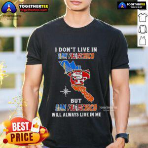 Alt Text: Top I Don't Live In San Francisco But San Francisco Will Always Live In Me Sports Teams T-Shirt design featuring city skyline.