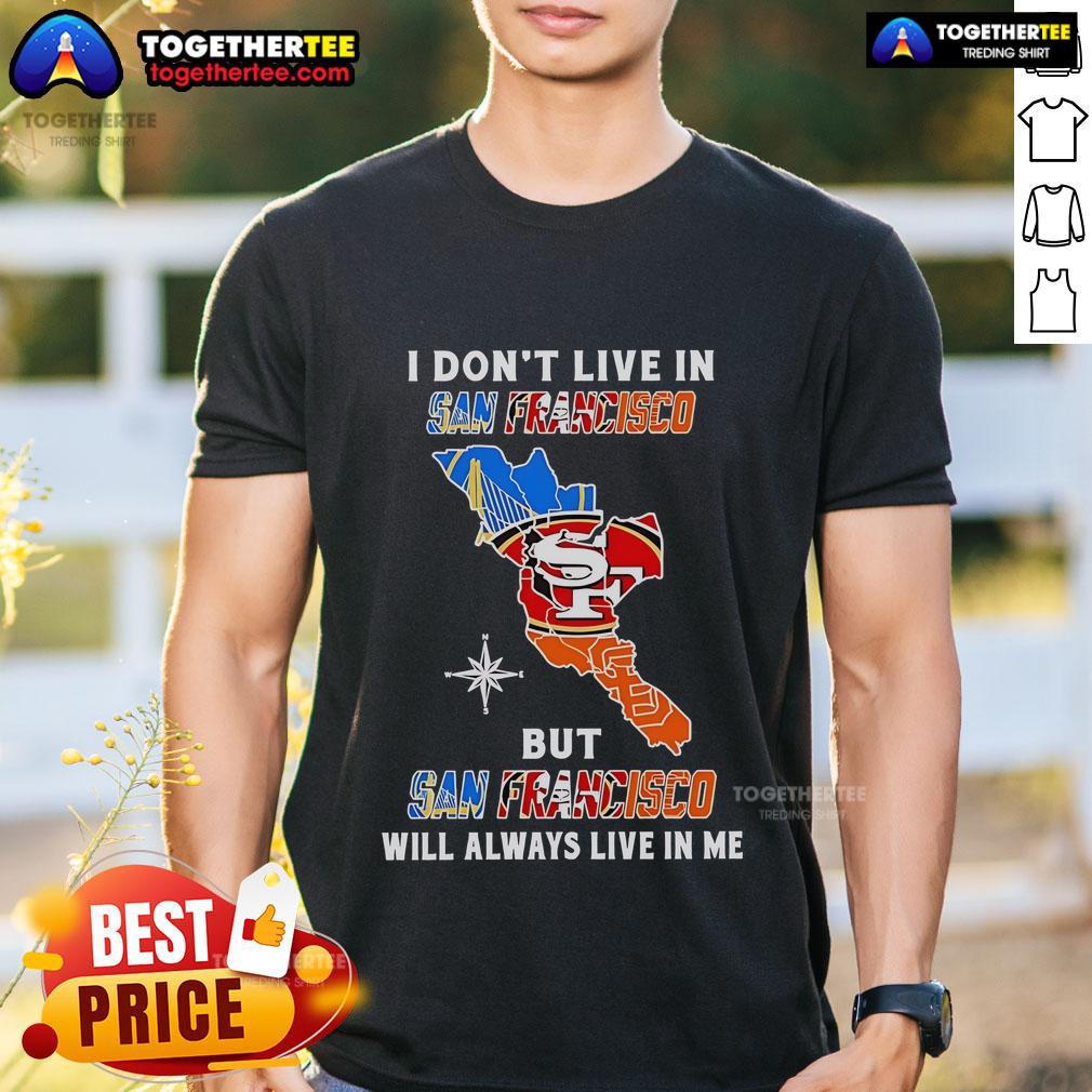 Alt Text: Top I Don't Live In San Francisco But San Francisco Will Always Live In Me Sports Teams T-Shirt design featuring city skyline.