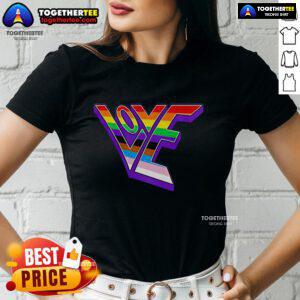 Top Love Pride Design Ladies Tee featuring colorful heart graphics and a stylish fit, perfect for celebrating LGBTQ+ pride.
