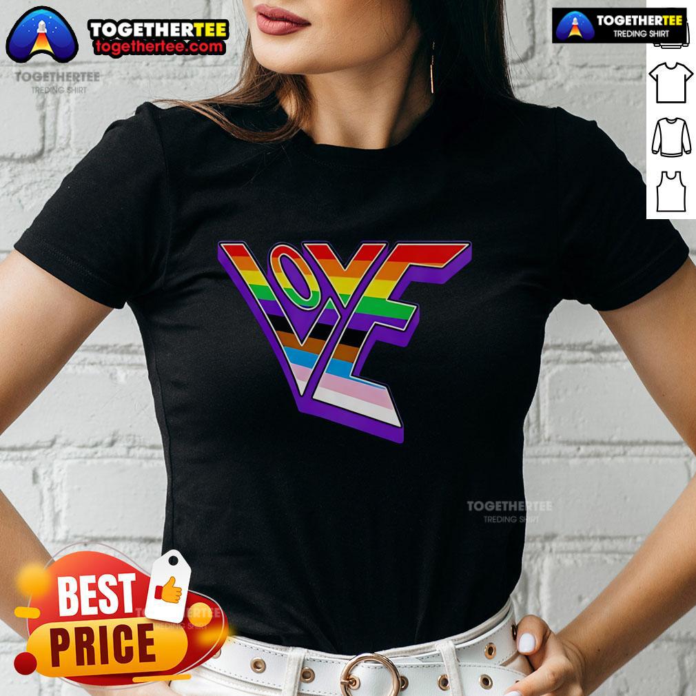 Top Love Pride Design Ladies Tee featuring colorful heart graphics and a stylish fit, perfect for celebrating LGBTQ+ pride.