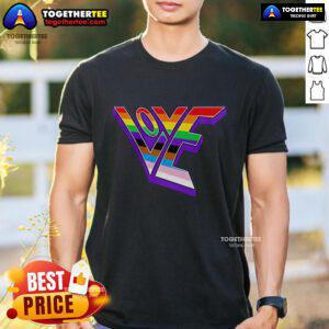 Top Love Pride Design T-Shirt featuring vibrant rainbow colors and a heart symbol for LGBTQ+ pride celebrations.