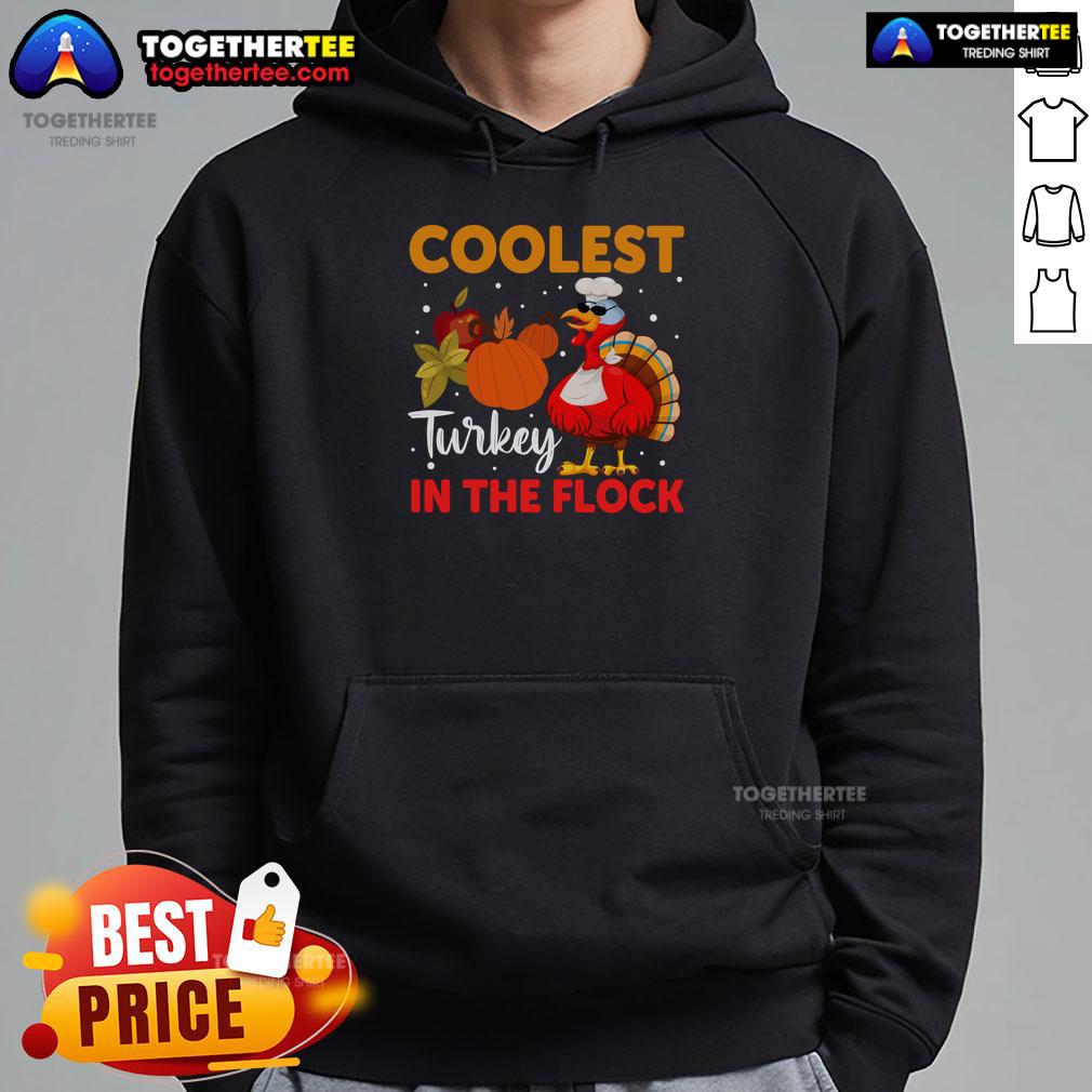 Alt Text: Funny coolest turkey in the flock wearing a Thanksgiving turkey hoodie, perfect for holiday celebrations and festive fun.