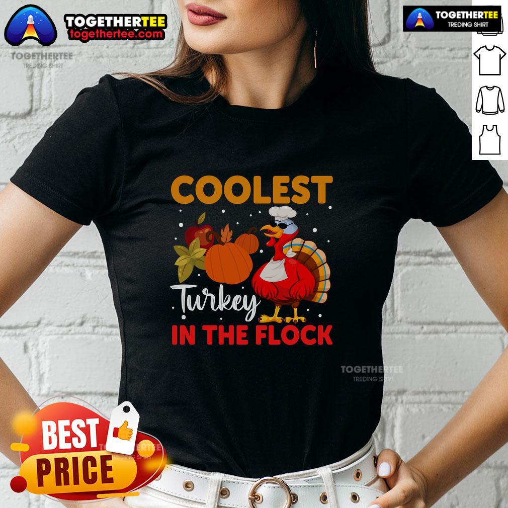 Funny Coolest Turkey in the Flock Thanksgiving Turkey Ladies Tee showcasing a playful turkey design for festive celebrations.