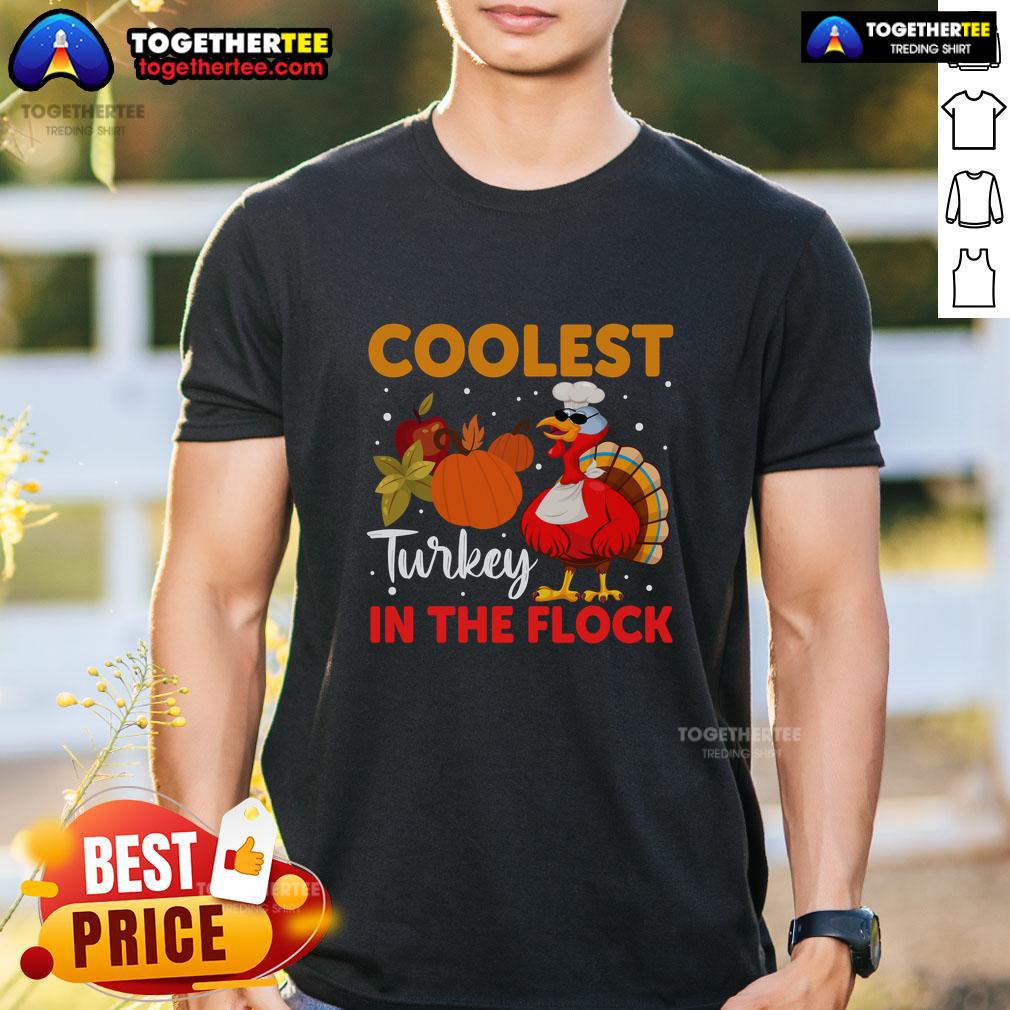 Alt Text: Funny Coolest Turkey In The Flock Thanksgiving Turkey T-Shirt design featuring a humorous, cartoon turkey graphic.