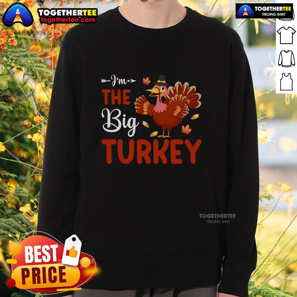 Alt Text: Funny I'm The Big Turkey Thanksgiving sweatshirt featuring a playful turkey graphic and festive colors.