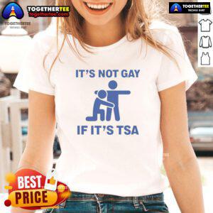 Funny 'It's Not Gay If It's TSA' stickman graphic on a ladies tee, perfect for humor-loving travelers.