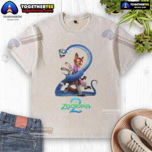 Funny Zootopia 2 Disney movie cartoon design on a washed T-shirt, perfect for fans of animated films and casual wear.