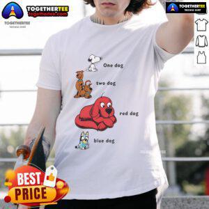 Good Snoopy 1 Dog 2 Dog T-Shirt featuring red and blue dog designs, perfect for dog lovers and casual wear.