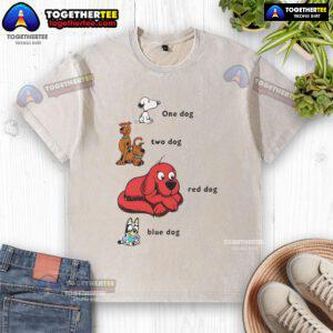 Good Snoopy dog in a red and blue washed t-shirt, showcasing adorable playful vibes of two happy dogs.
