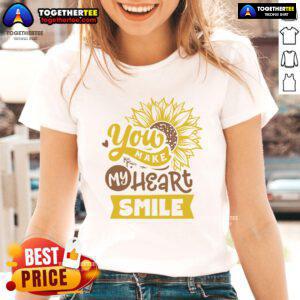 Happy You Make My Heart Smile Sunflower Ladies Tee featuring a vibrant sunflower design on a stylish women's shirt.