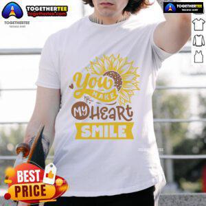 Alt Text: Happy You Make My Heart Smile Sunflower T-Shirt featuring a vibrant sunflower design and cheerful text.