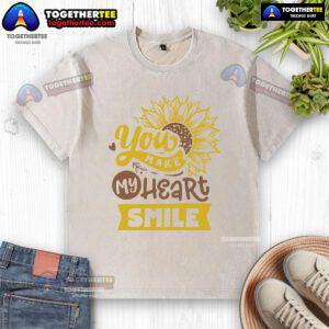 Happy You Make My Heart Smile Sunflower washed t-shirt design featuring a vibrant sunflower graphic on a soft fabric.