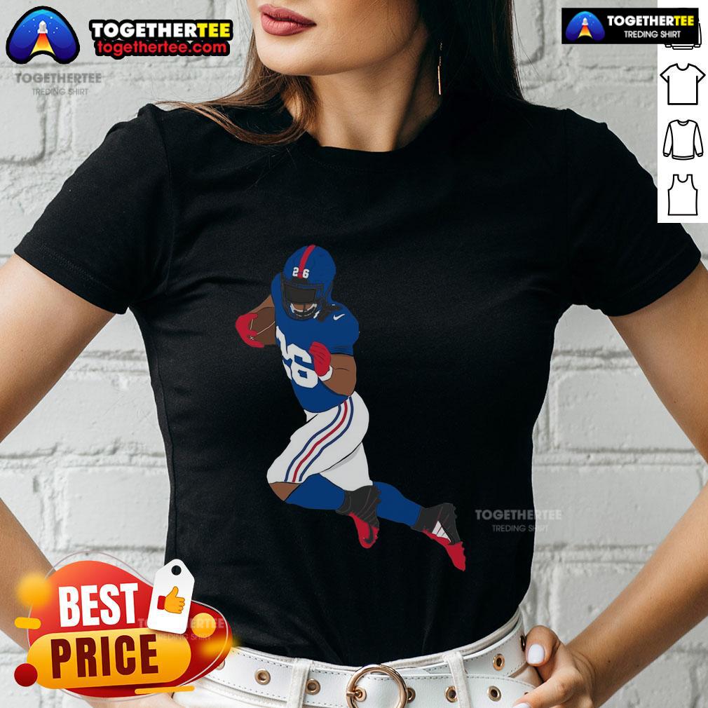 Saquon Barkley Ladies Tee showcasing the New York football star in vibrant colors, perfect for fans and athletes alike.