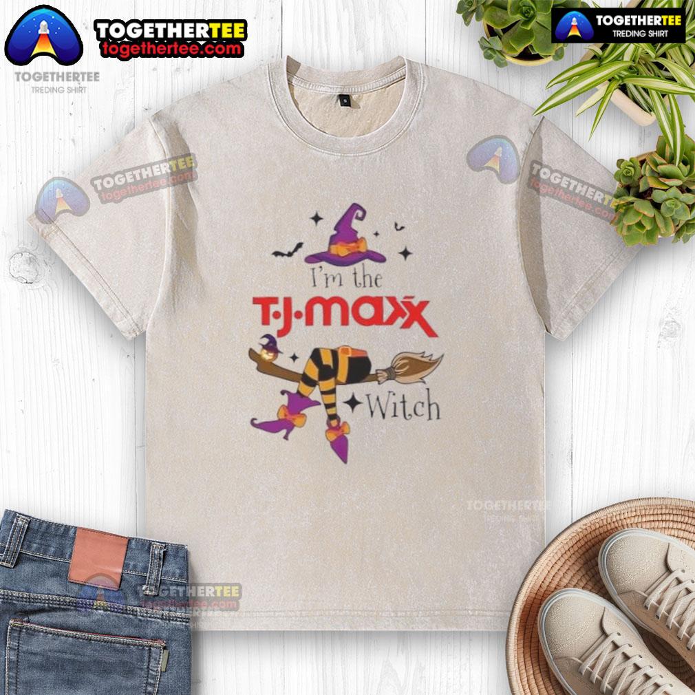 Halloween washed t-shirt featuring 'Nice, I'm the TJ Maxx Witch' design, perfect for festive celebrations.