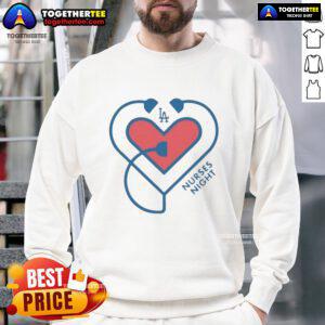 Los Angeles Dodgers Nurses Night sweatshirt featuring a heart design, perfect for fans and healthcare heroes.