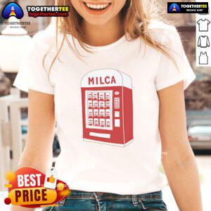 Vintage vending machine graphic on a ladies tee, featuring the Nice Milca design for retro fashion enthusiasts.