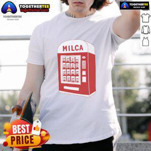 Alt Text: Vintage Milca vending machine graphic on a stylish t-shirt, perfect for retro fashion enthusiasts.