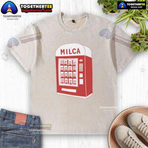 Vintage Nice Milca vending machine graphic on a washed t-shirt, perfect for retro style enthusiasts and casual wear.