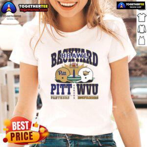 2025 Backyard Brawl helmet design on a ladies tee featuring Pitt Panthers vs West Virginia Mountaineers.