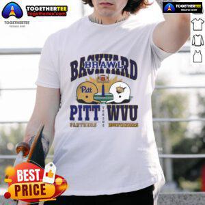 2025 Backyard Brawl Helmet T-Shirt featuring Pitt Panthers vs West Virginia Mountaineers design for football fans.