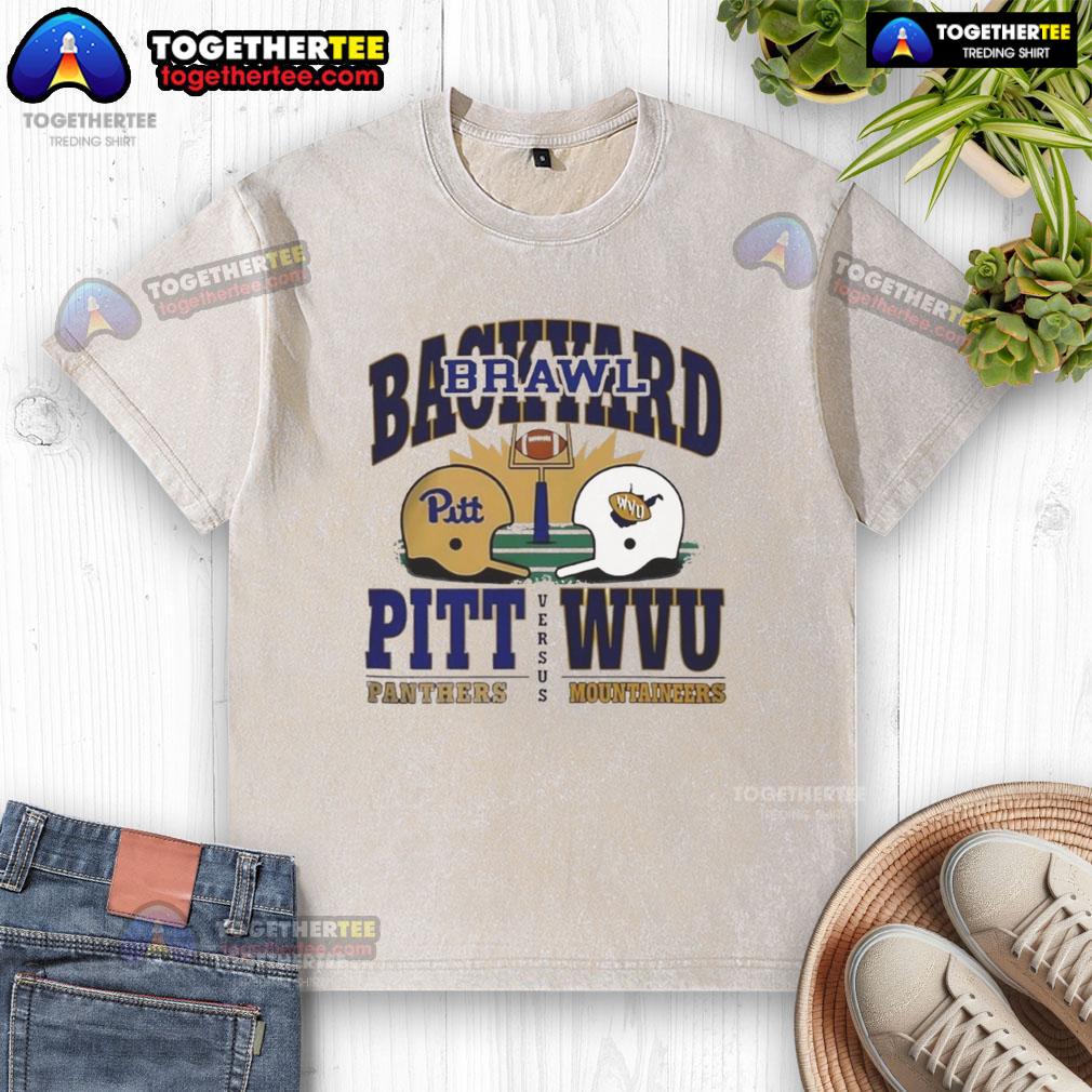 2025 Backyard Brawl: Pitt Panthers vs West Virginia Mountaineers helmet graphic on a washed t-shirt.