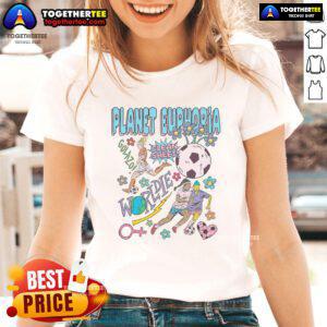 Alt Text: Colorful retro ladies tee from Nice Planet Euphoria, perfect for women's soccer fans, featuring vibrant design and style.