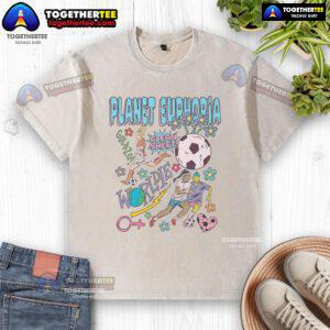 Colorful retro washed t-shirt featuring Nice Planet Euphoria design, perfect for women's soccer fans and casual wear.