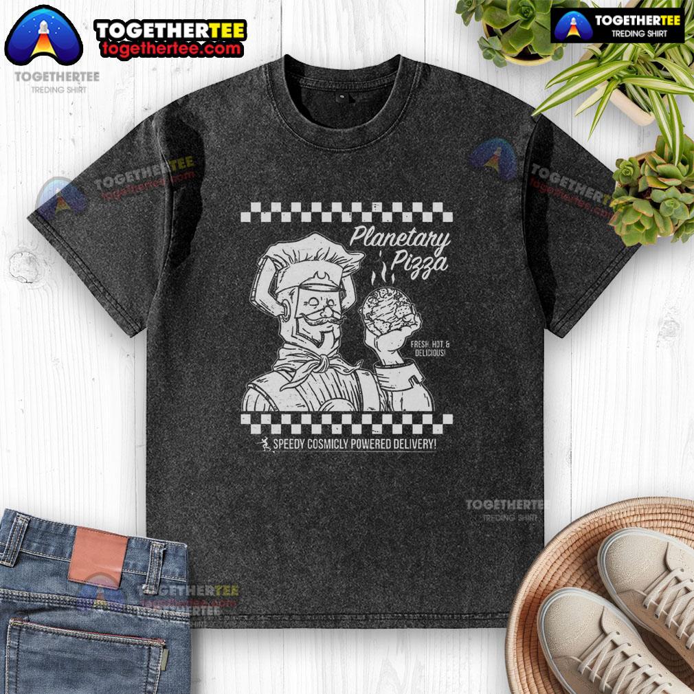 Nice Planetary Pizza Washed T-Shirt featuring a colorful pizza planet graphic on a soft, vintage-style fabric.