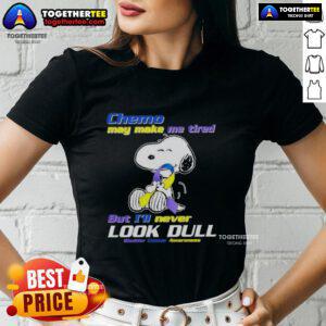 Stylish ladies tee featuring Snoopy, promoting bladder cancer awareness with a message about staying vibrant despite chemo fatigue.