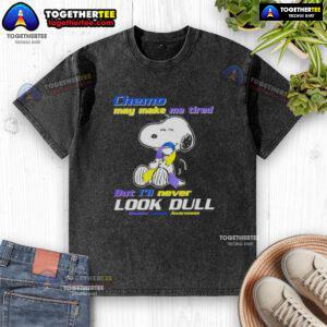 Snoopy graphic on a washed t-shirt promoting bladder cancer awareness, showcasing strength despite chemo fatigue.