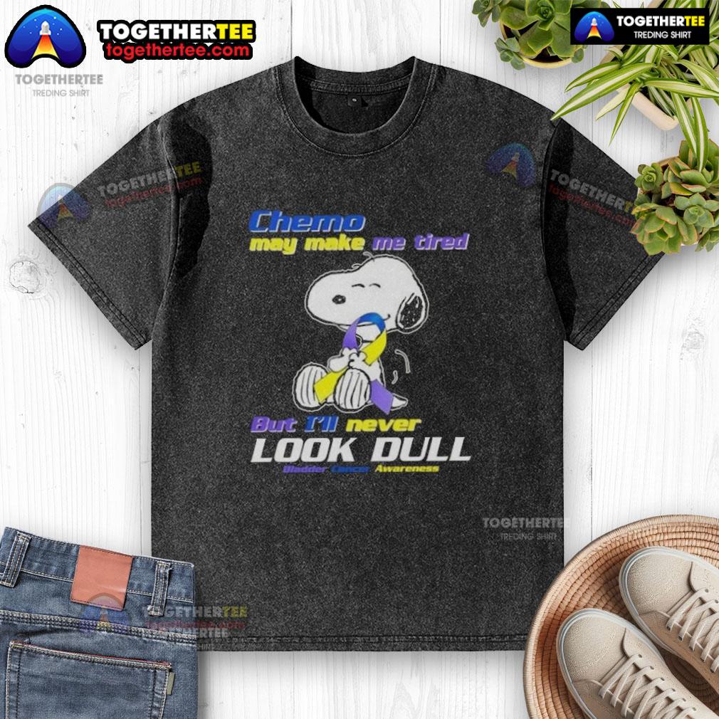 Snoopy graphic on a washed t-shirt promoting bladder cancer awareness, showcasing strength despite chemo fatigue.