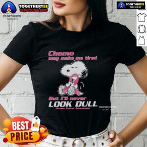Stylish pink tee featuring Snoopy, promoting breast cancer awareness with a fun message about chemo and staying vibrant.