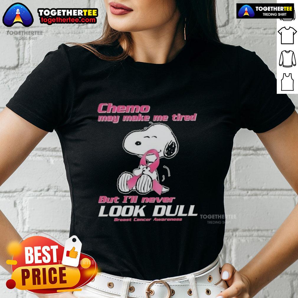 Stylish pink tee featuring Snoopy, promoting breast cancer awareness with a fun message about chemo and staying vibrant.