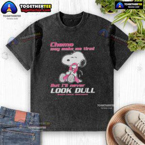 Snoopy graphic on a washed t-shirt promoting breast cancer awareness, showcasing style and resilience during chemo.