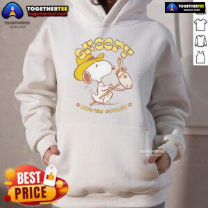 Retro Snoopy Ride 'Em Cowboy Hoodie featuring playful Snoopy graphic, perfect for fans of classic cartoon apparel.