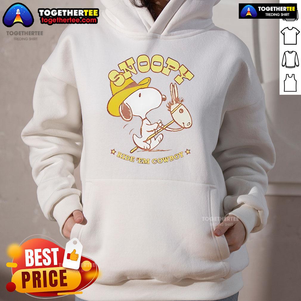 Retro Snoopy Ride 'Em Cowboy Hoodie featuring playful Snoopy graphic, perfect for fans of classic cartoon apparel.